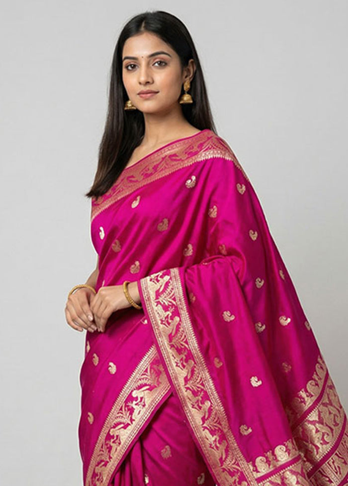 Pink Handloom Baluchari Pure Silk Saree With Blouse Piece