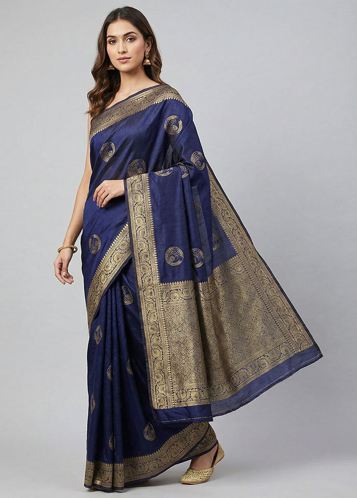 Blue Dupion Silk Saree With Blouse Piece