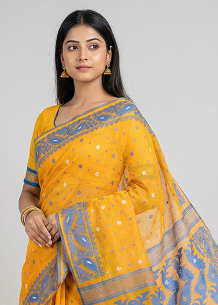 Yellow Jamdani Cotton Saree Without Blouse Piece