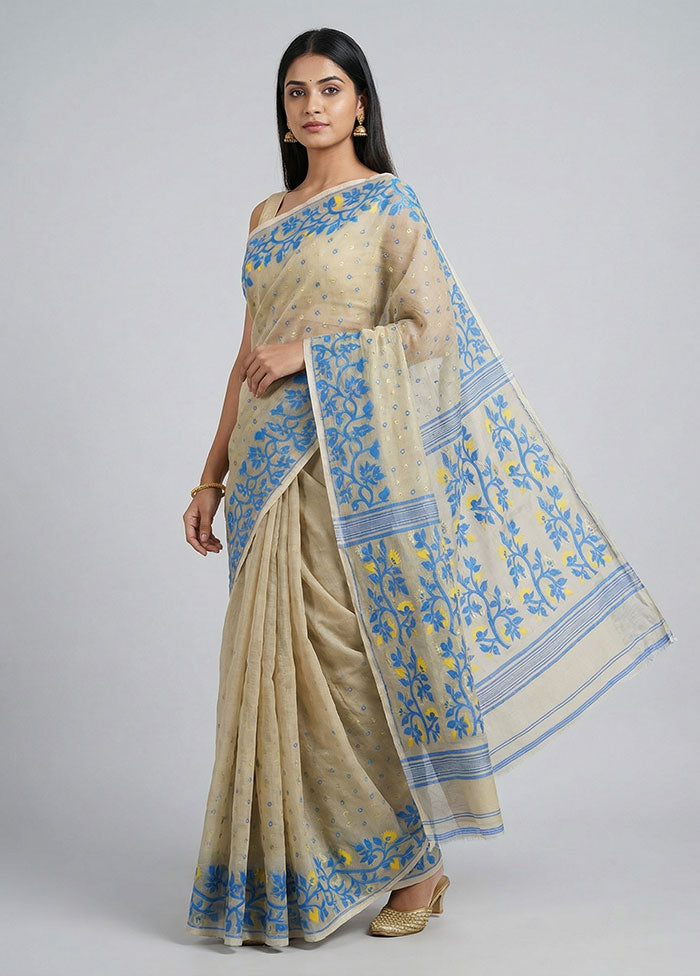 Cream Jamdani Cotton Saree Without Blouse Piece
