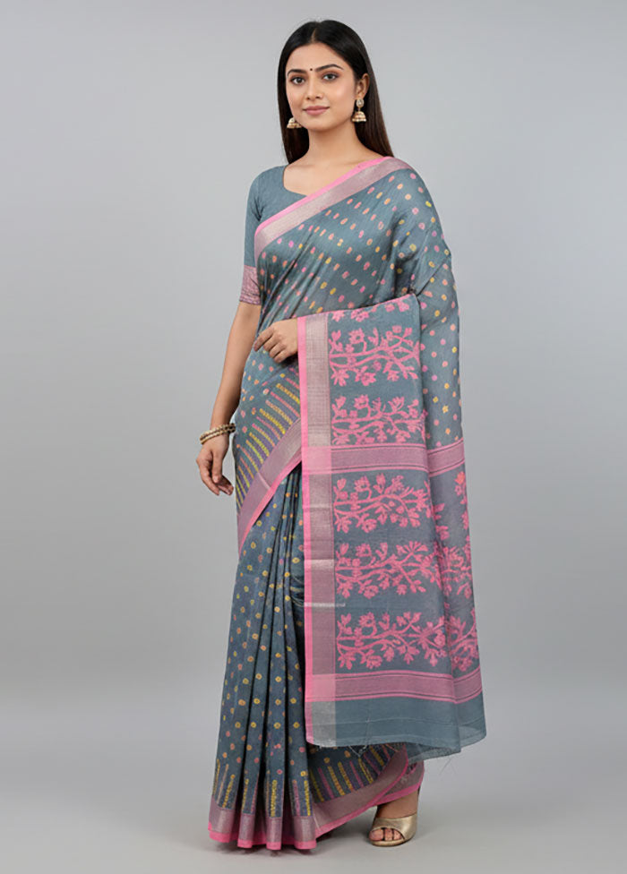 Blue Jamdani Cotton Saree Without Blouse Piece