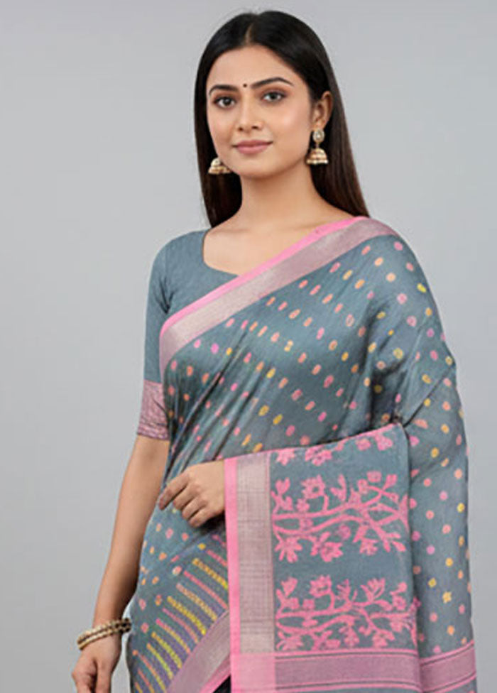 Blue Jamdani Cotton Saree Without Blouse Piece