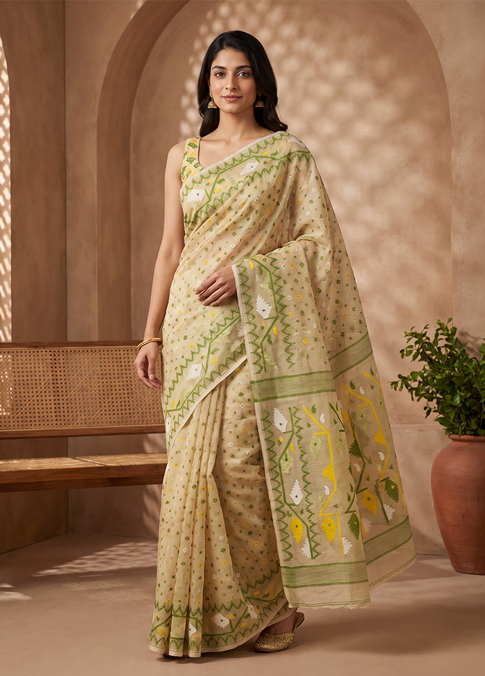Cream Jamdani Cotton Saree Without Blouse Piece
