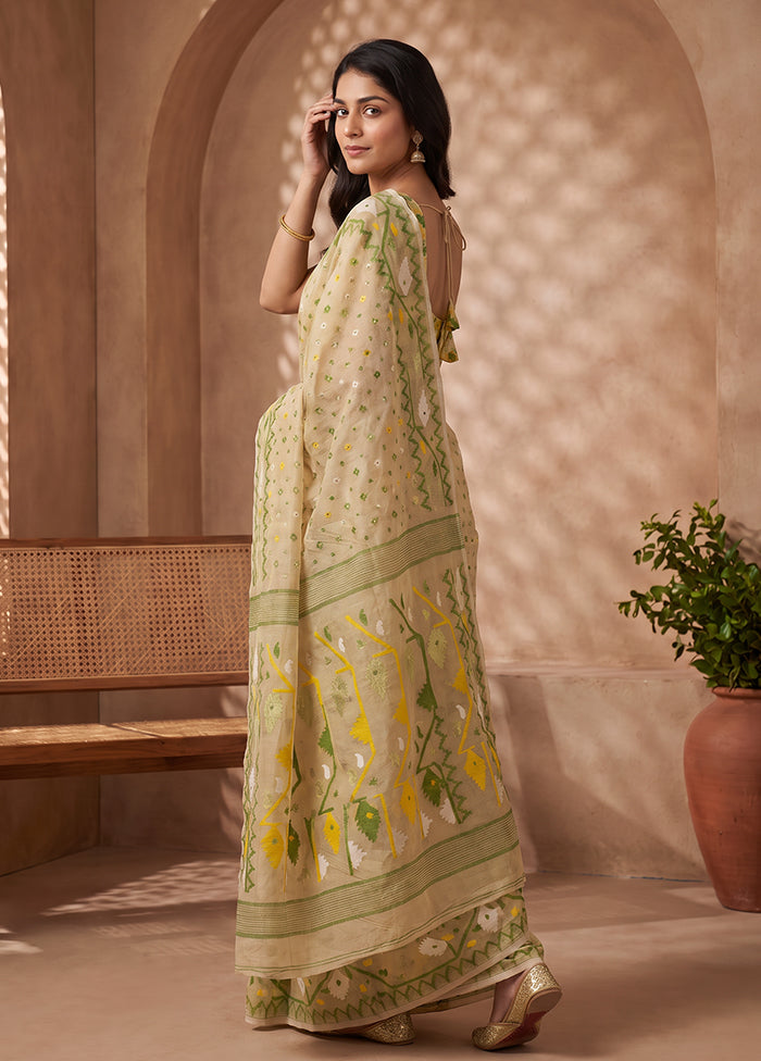 Cream Jamdani Cotton Saree Without Blouse Piece