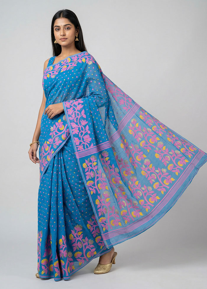 Blue Jamdani Cotton Saree Without Blouse Piece