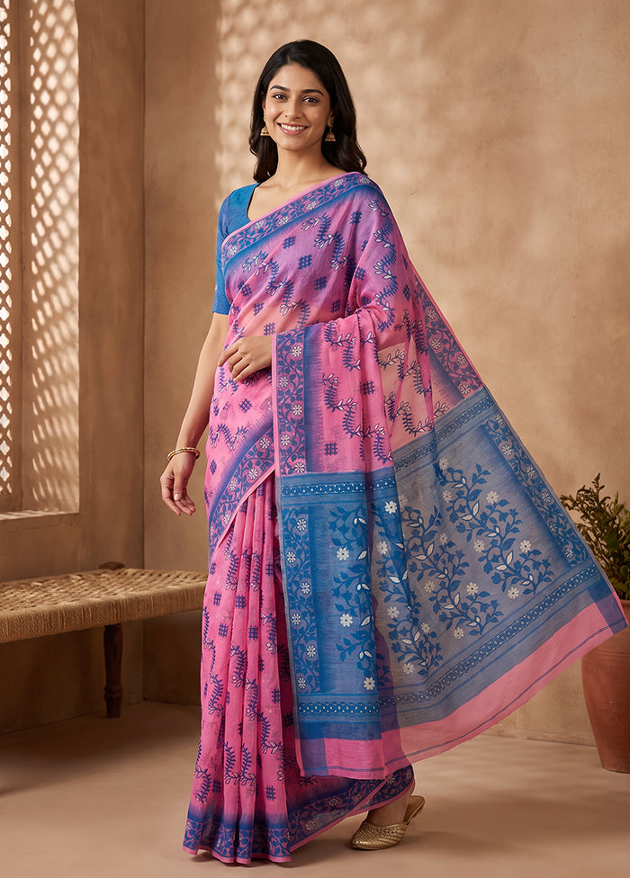 Blue Jamdani Cotton Saree Without Blouse Piece