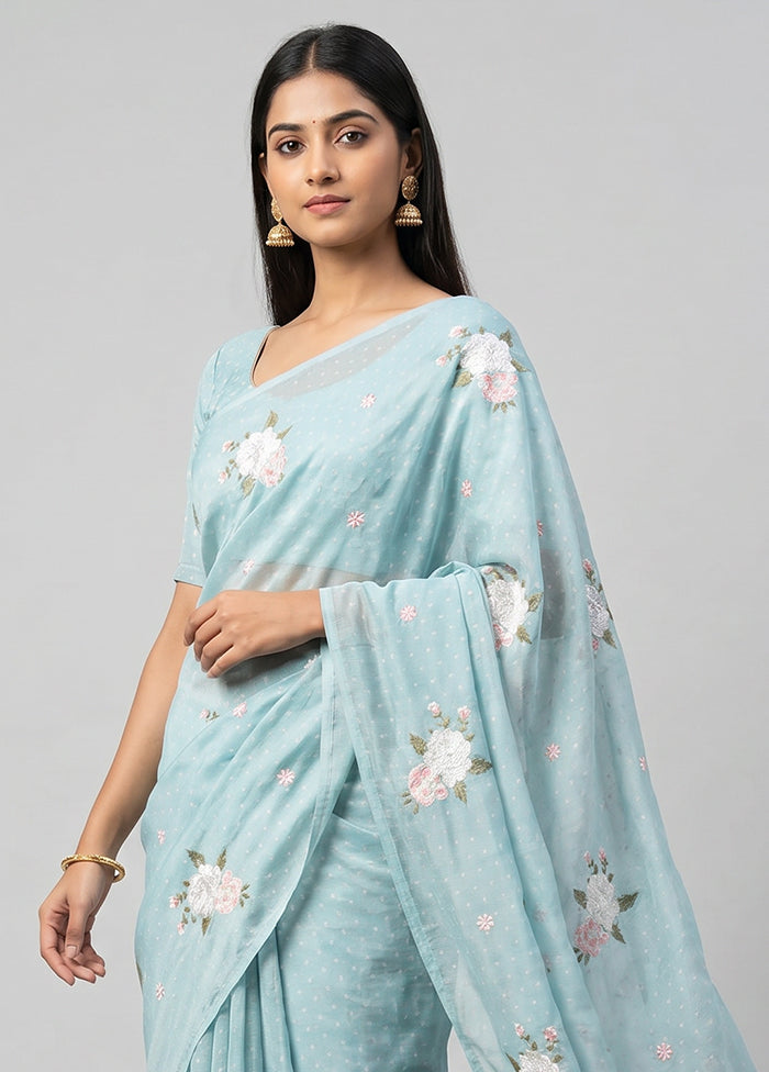 Blue Chiffon Silk Saree With Blouse Piece