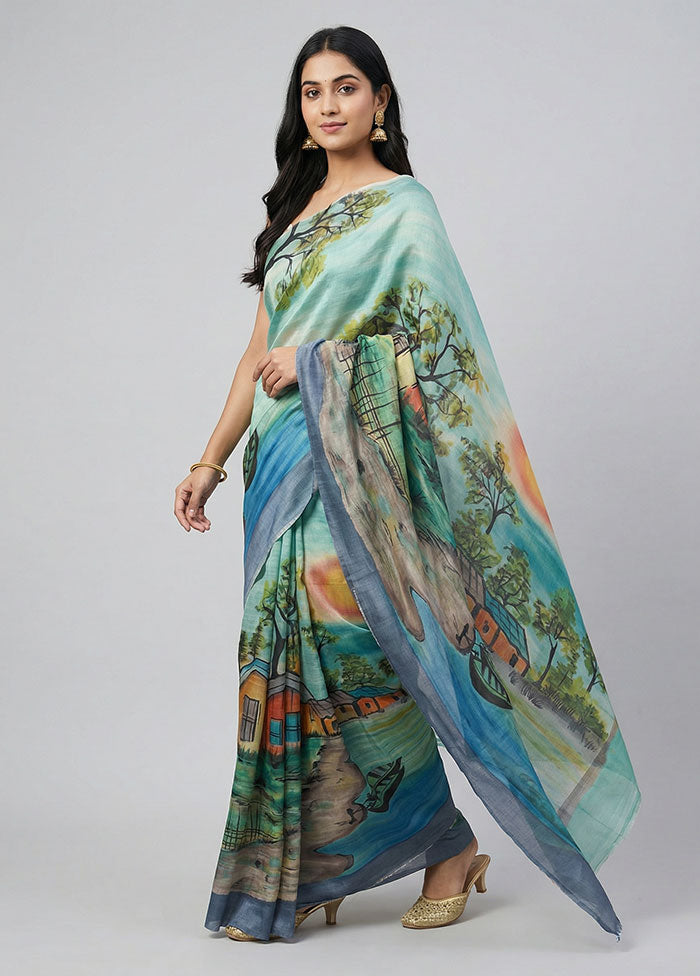 Green Handloom Tussar Pure Silk Saree With Blouse Piece