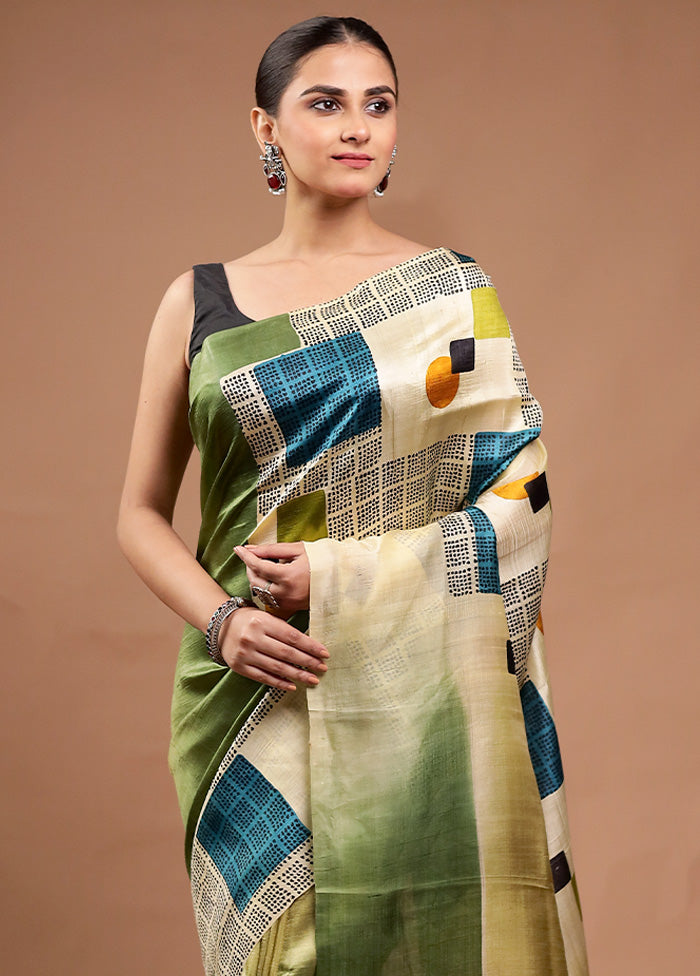 Green Printed Silk Saree Without Blouse Piece