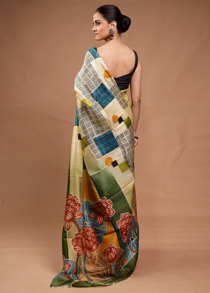 Green Printed Silk Saree Without Blouse Piece