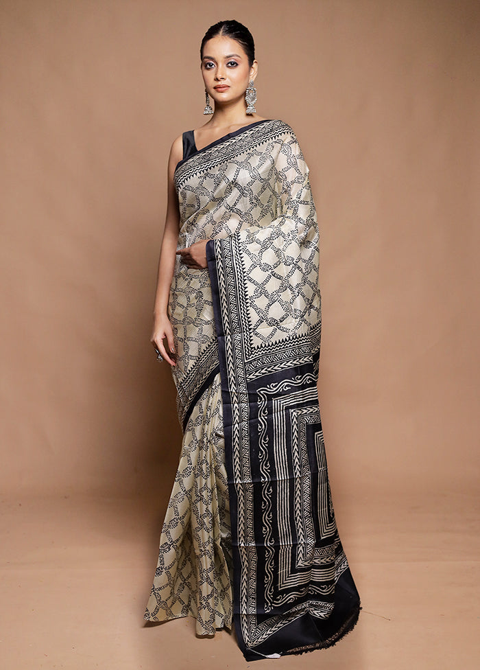 Cream Printed Pure Silk Saree Without Blouse Piece