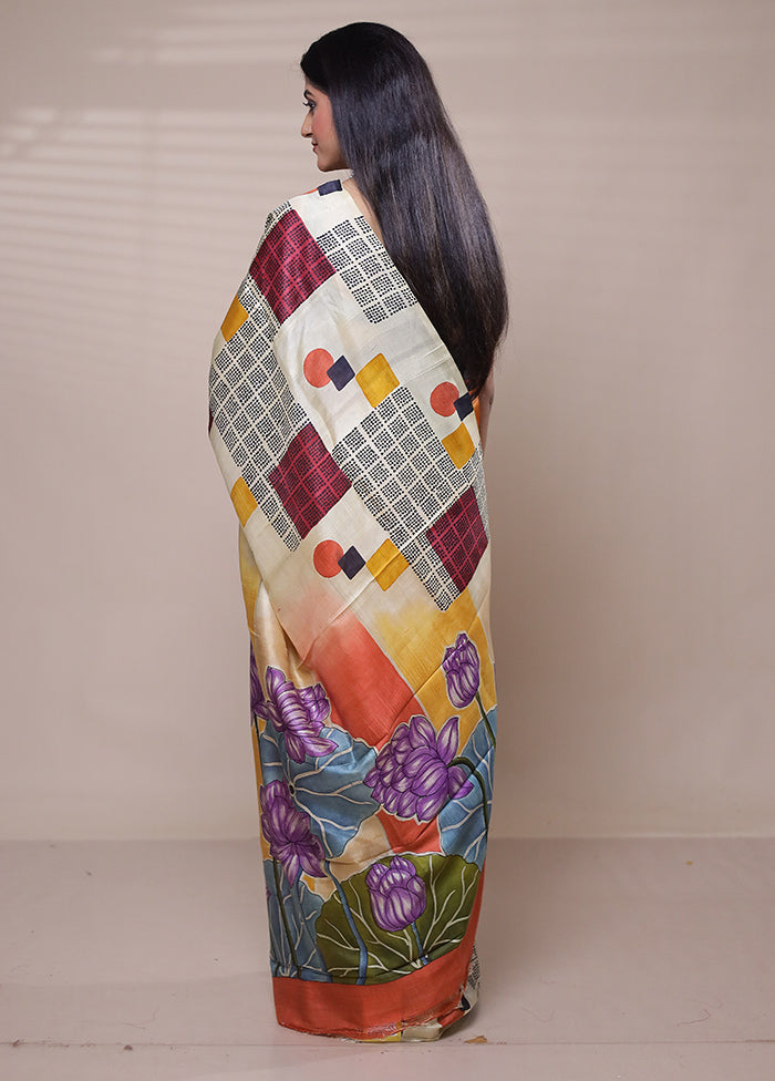 Cream Printed Silk Saree Without Blouse Piece