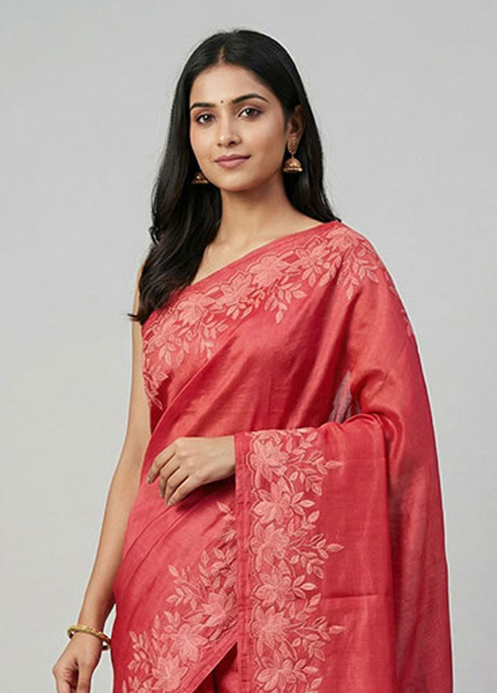 Pink Handloom Tussar Pure Silk Saree With Blouse Piece