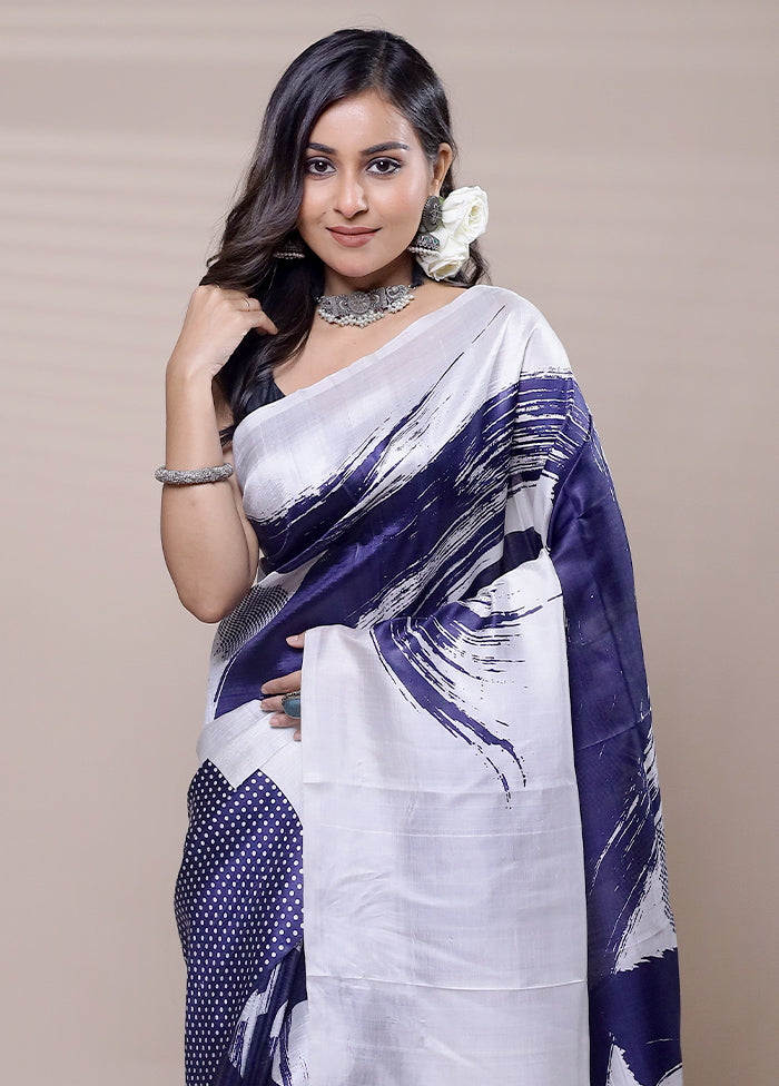 White Printed Silk Saree With Blouse Piece