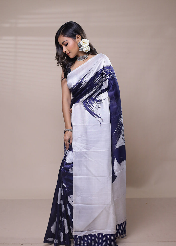 White Printed Silk Saree With Blouse Piece