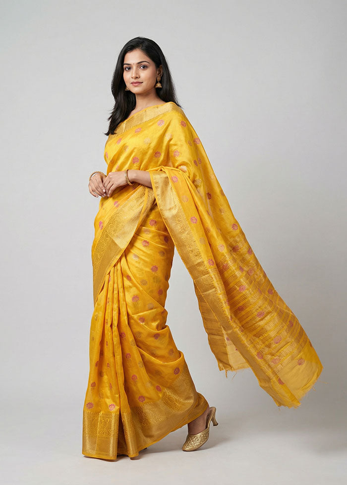Yellow Dupion Silk Saree With Blouse Piece