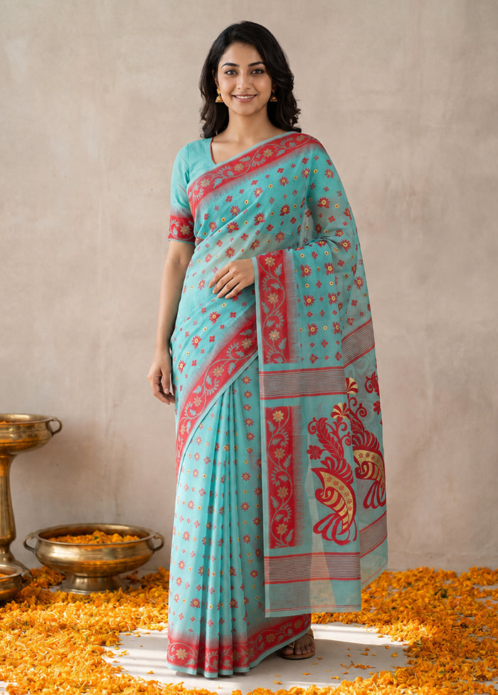 Blue Jamdani Cotton Saree Without Blouse Piece
