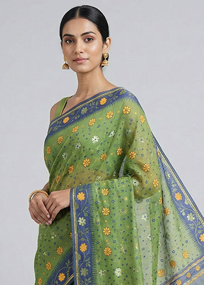 Blue Jamdani Cotton Saree Without Blouse Piece