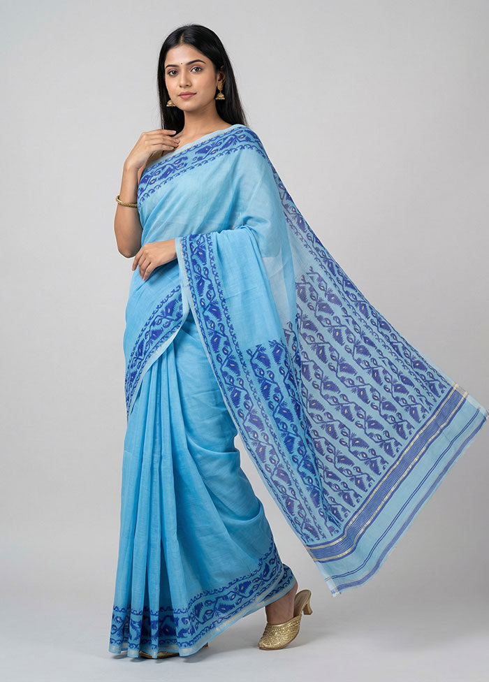 Blue Jamdani Cotton Saree Without Blouse Piece