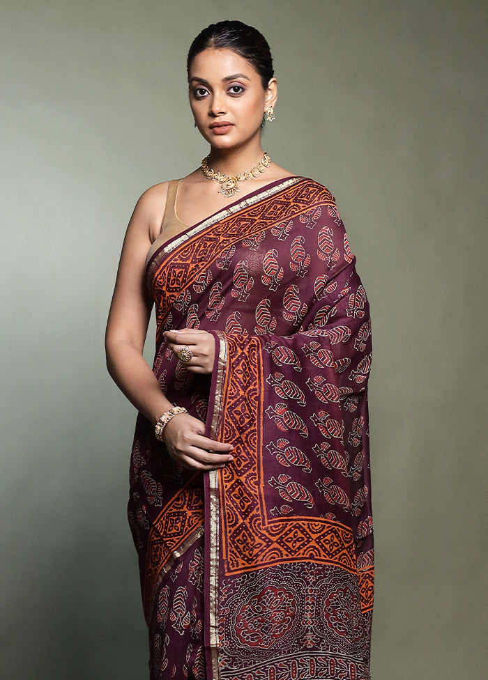 Purple Chanderi Cotton Saree With Blouse Piece