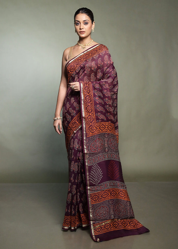 Purple Chanderi Cotton Saree With Blouse Piece