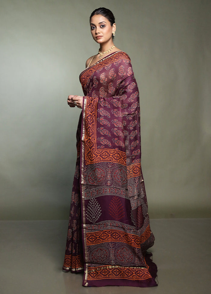 Purple Chanderi Cotton Saree With Blouse Piece
