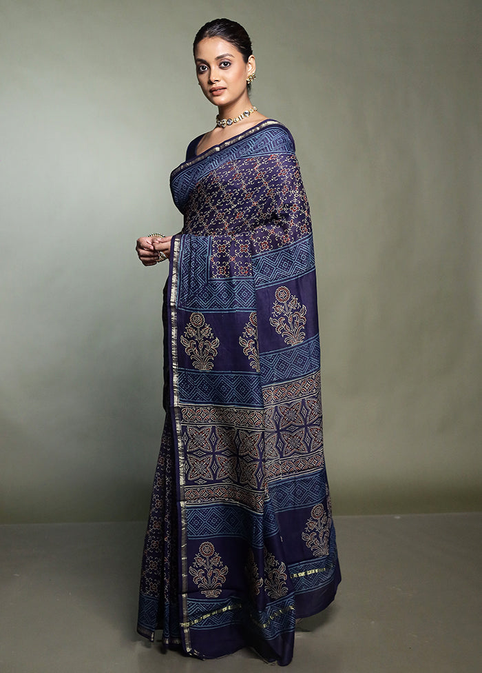 Blue Chanderi Cotton Saree With Blouse Piece