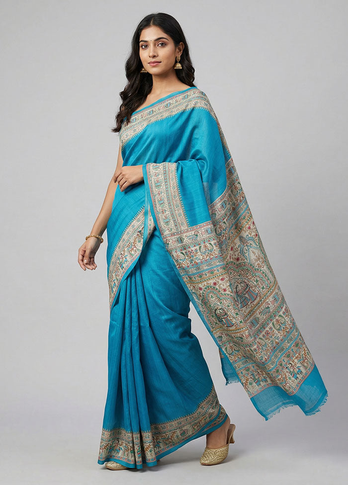 Blue Printed Silk Saree Without Blouse Piece
