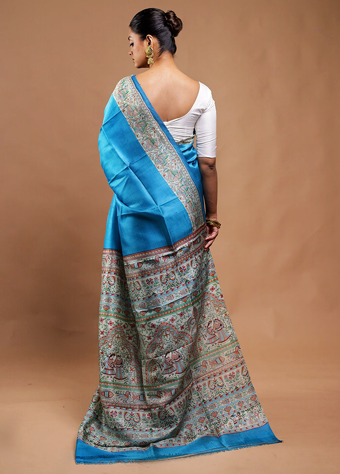 Blue Printed Pure Silk Saree Without Blouse Piece
