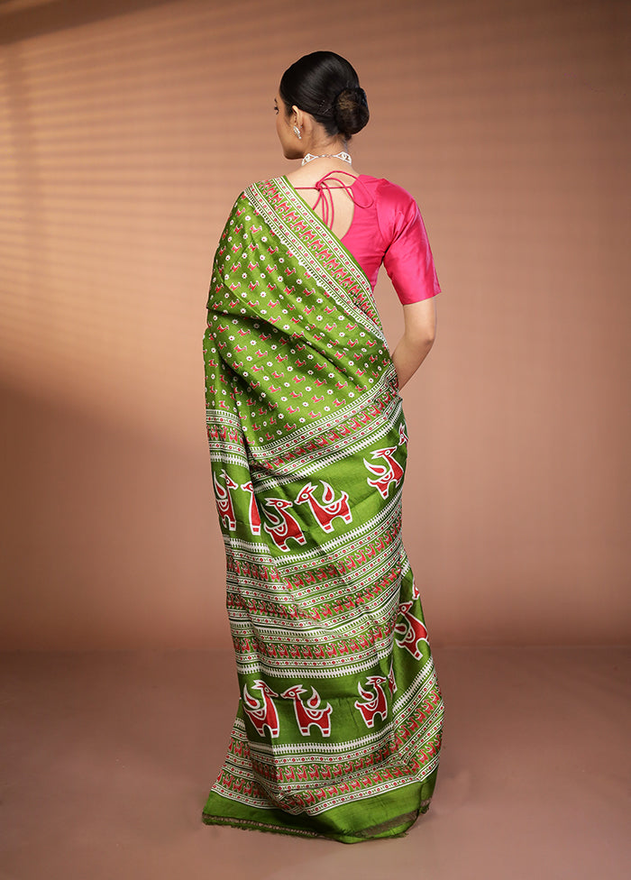 Green Printed Silk Saree Without Blouse Piece