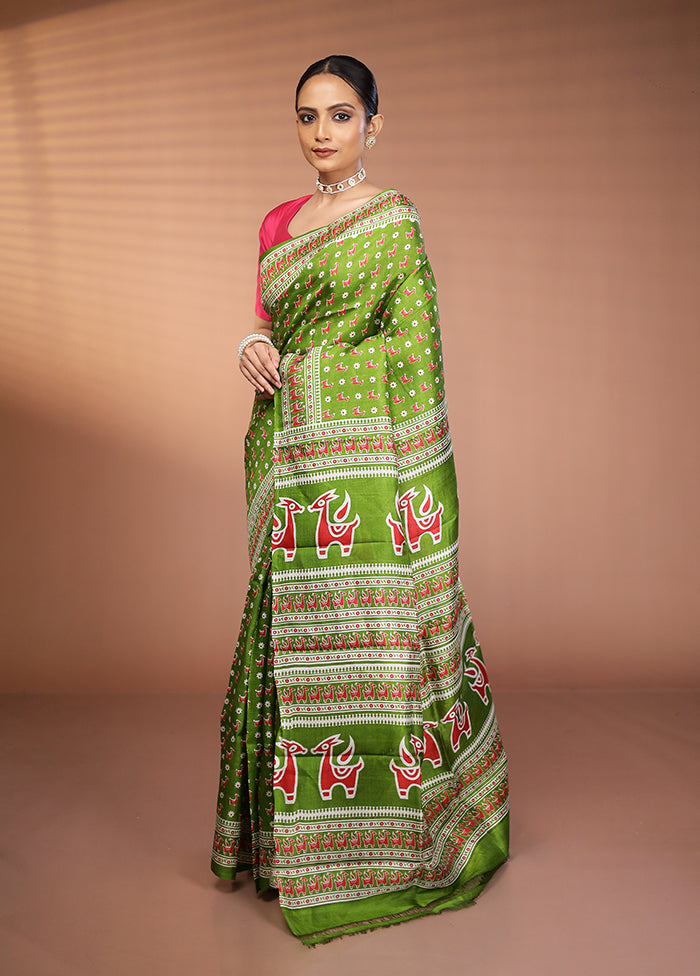 Green Printed Silk Saree Without Blouse Piece