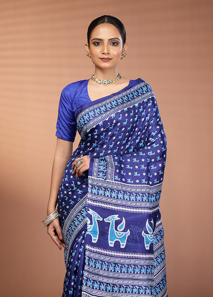 Blue Printed Silk Saree Without Blouse Piece