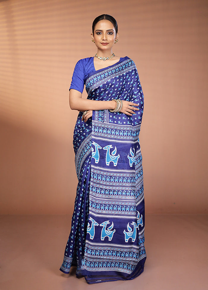 Blue Printed Silk Saree Without Blouse Piece