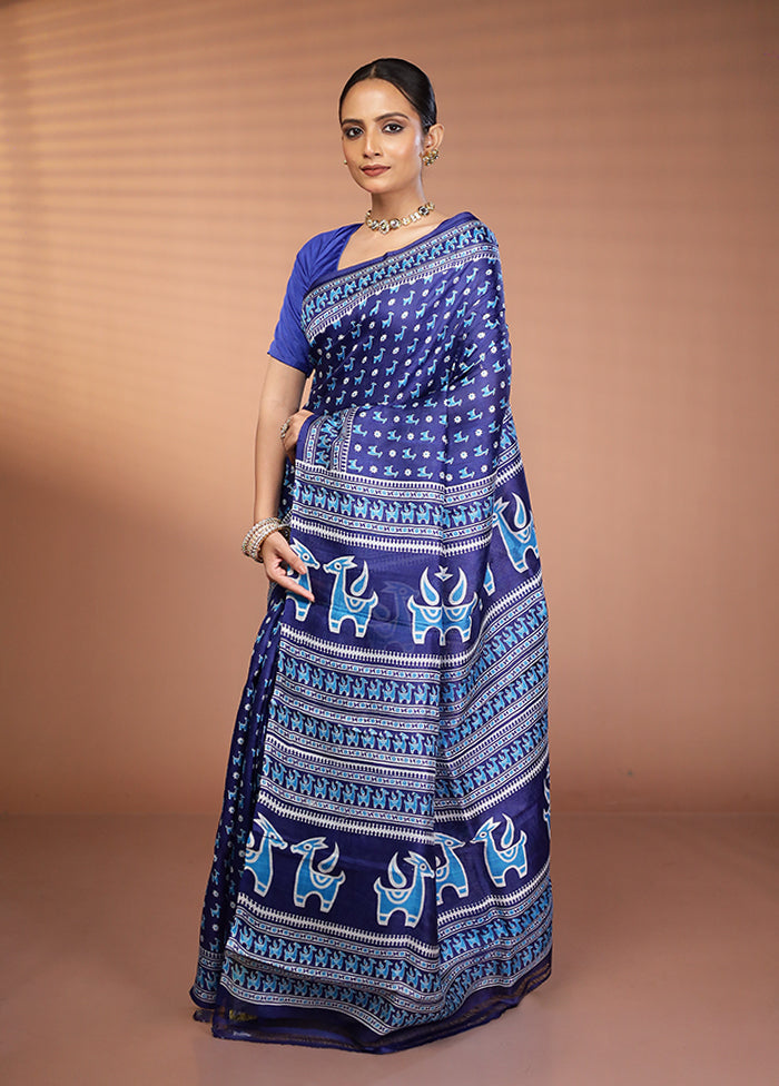 Blue Printed Silk Saree Without Blouse Piece
