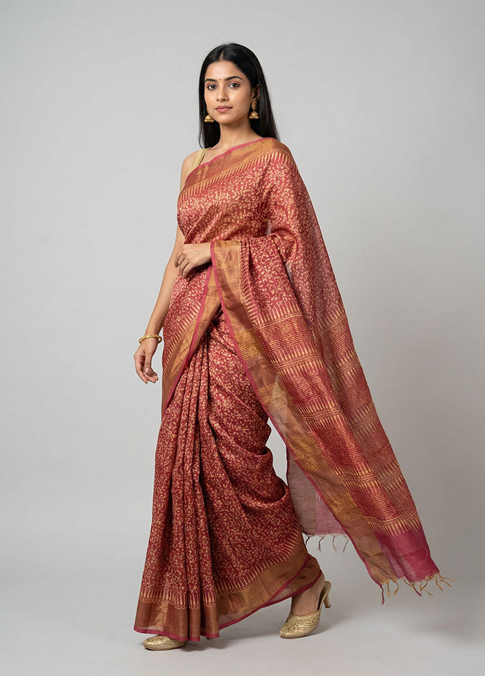 Pink Handloom Tussar Silk Saree With Blouse Piece