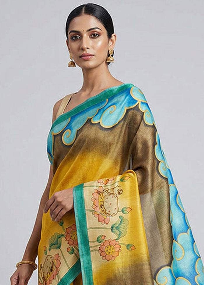 Yellow Handloom Tussar Pure Silk Saree With Blouse Piece