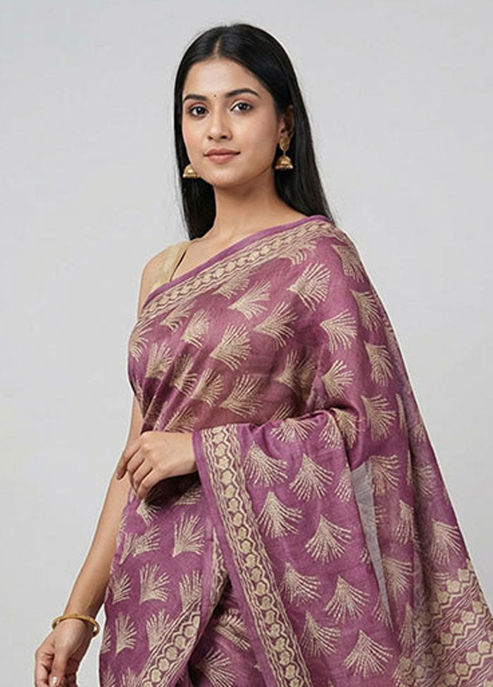 Purple Handloom Tussar Pure Silk Saree With Blouse Piece