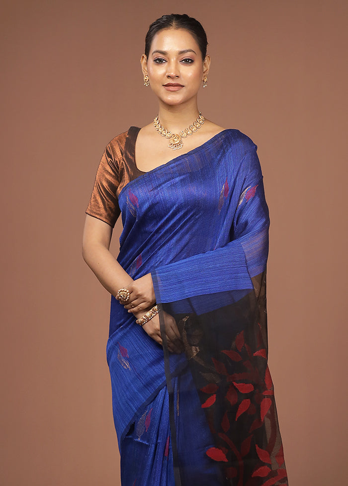 Blue Handloom Matka Pure Silk Saree With Blouse Piece