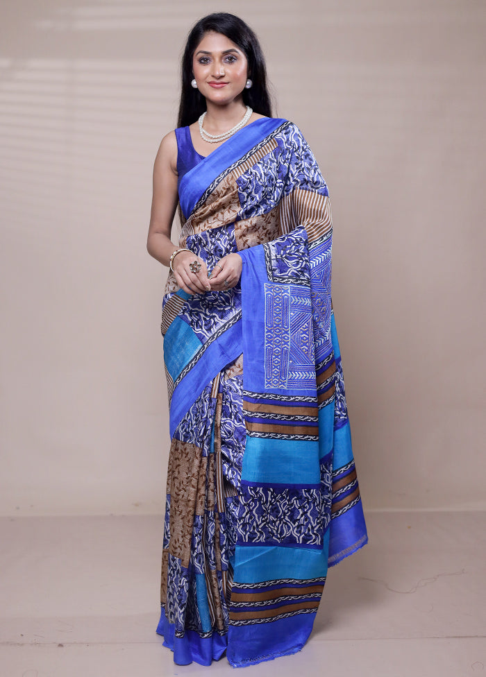 Blue Printed Pure Silk Saree With Blouse Piece