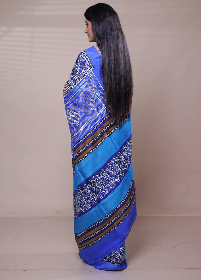 Blue Printed Pure Silk Saree With Blouse Piece