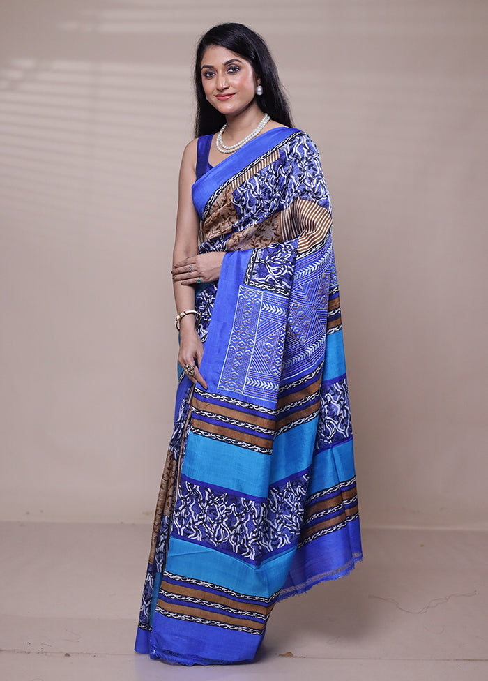 Blue Printed Pure Silk Saree With Blouse Piece