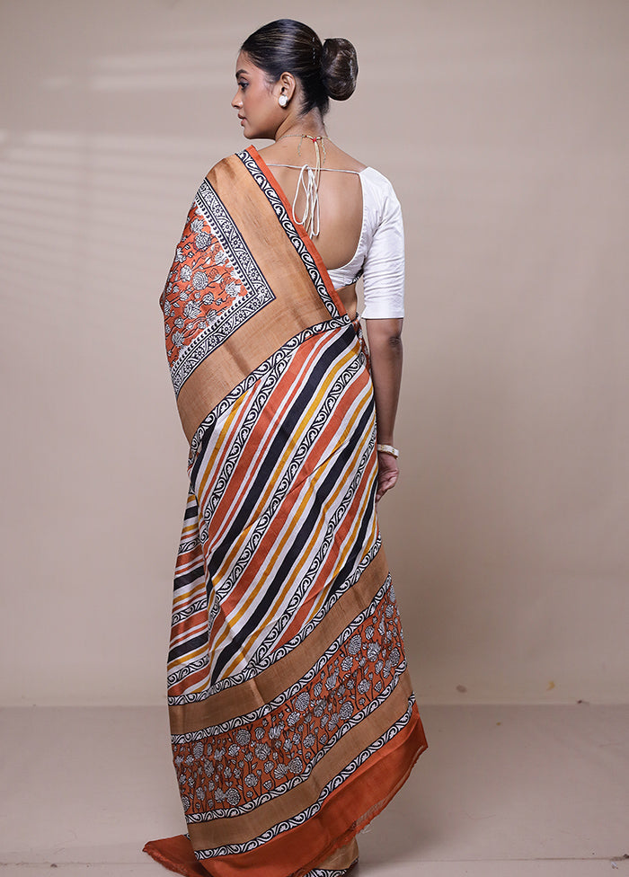 Orange Printed Silk Saree Without Blouse Piece