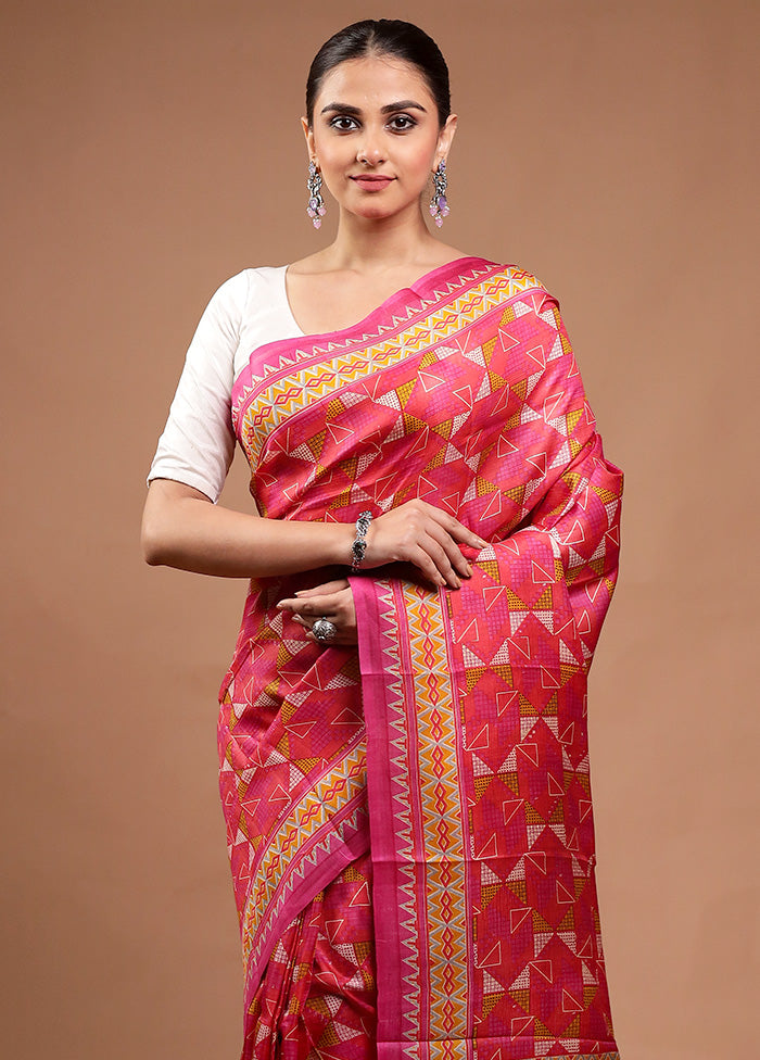 Pink Printed Silk Saree Without Blouse Piece
