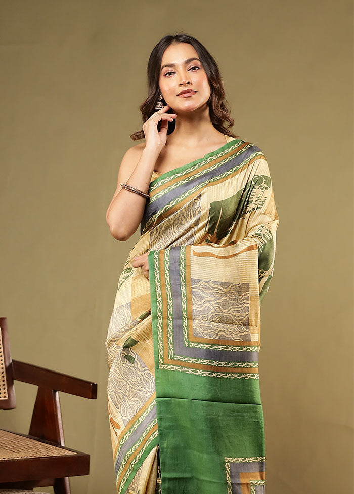 Cream Printed Pure Silk Saree Without Blouse Piece