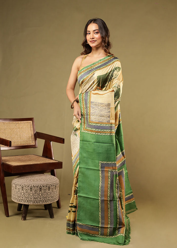 Cream Printed Pure Silk Saree Without Blouse Piece