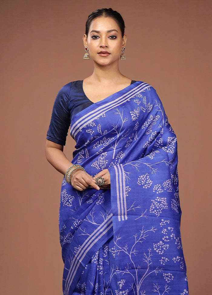 Blue Printed Pure Silk Saree Without Blouse Piece