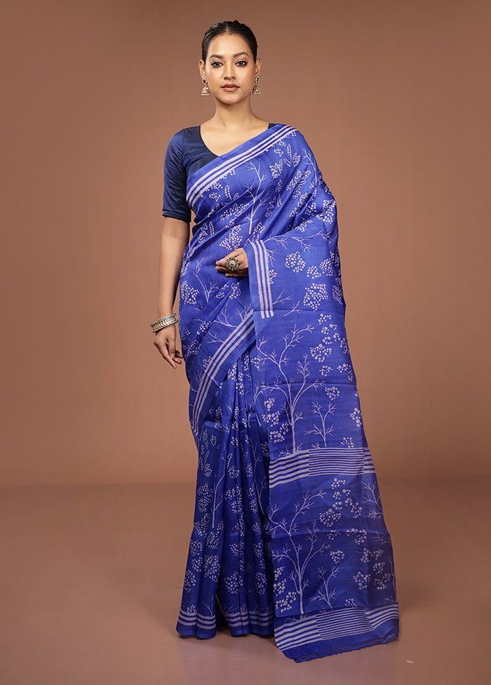 Blue Printed Pure Silk Saree Without Blouse Piece