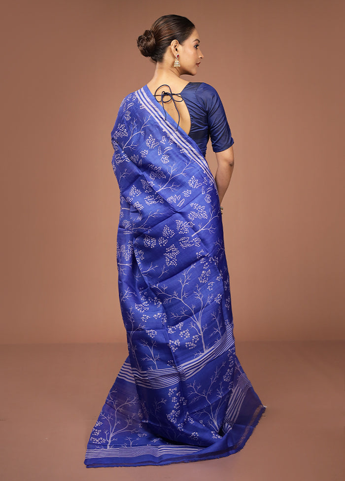 Blue Printed Pure Silk Saree Without Blouse Piece