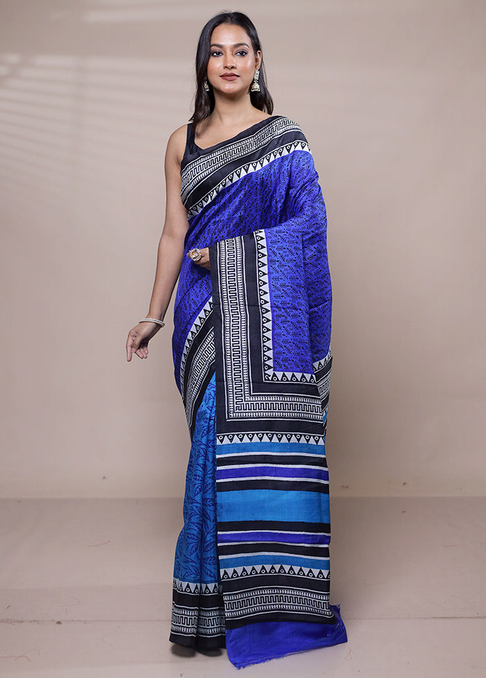 Blue Printed Silk Saree Without Blouse Piece