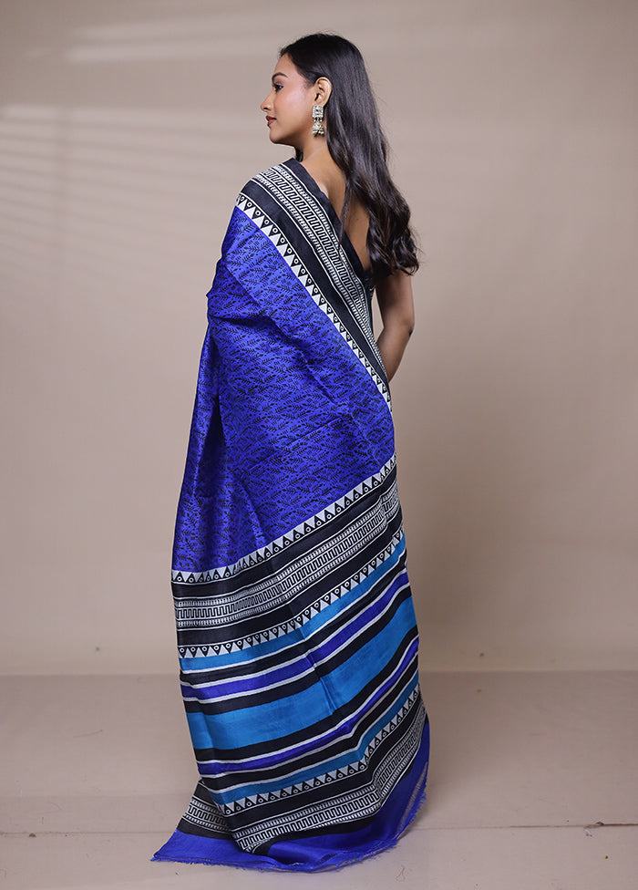 Blue Printed Silk Saree Without Blouse Piece
